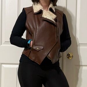 New York & Company Brown Faux Leather Shearling-Trim Moto Vest